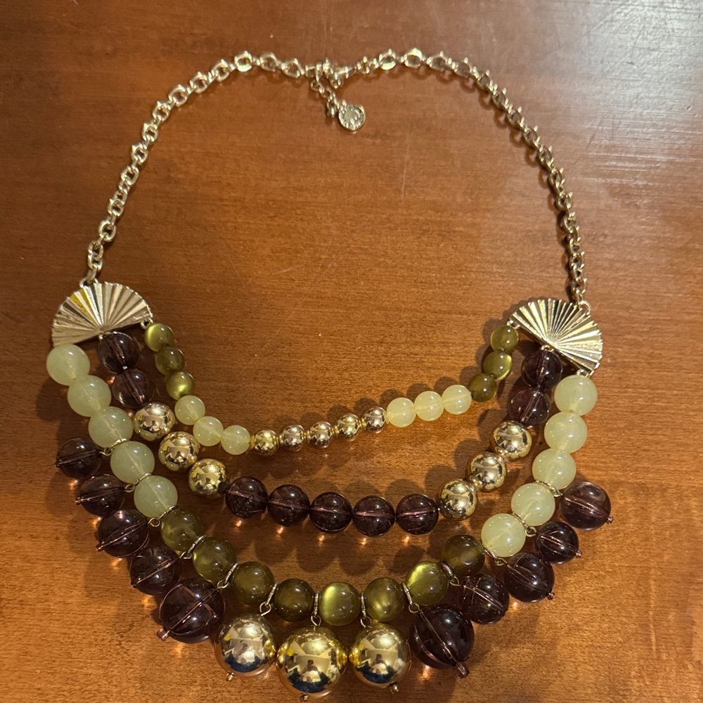 Liz Claiborne Multi-Strand Beaded Statement Necklace Gold Green Brown